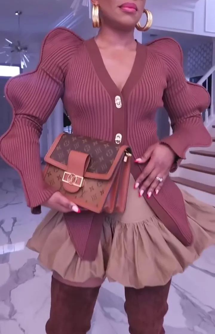 Women's Long Wave Sleeves Cardigans V Neck Knit Sweater