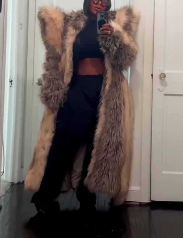 Luxurious Padded-shoulder Faux Fur Coat