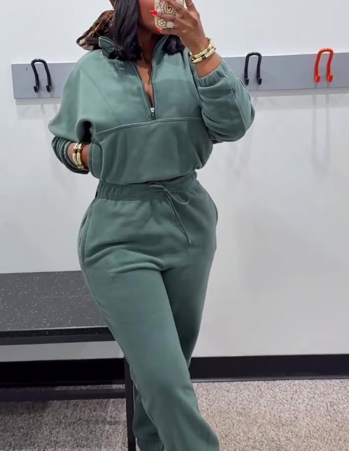 Solid Color Fleece Pullover Tracksuit