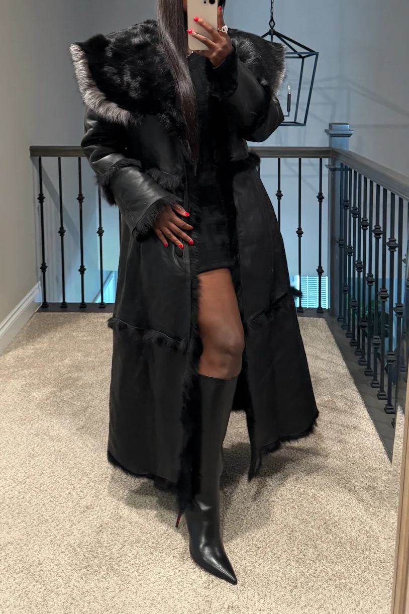 Long Hooded Coat With Integrated Fur Lining