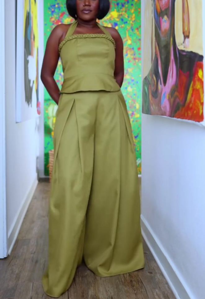 Solid color halter neck two-piece set