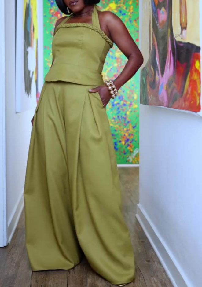 Solid color halter neck two-piece set