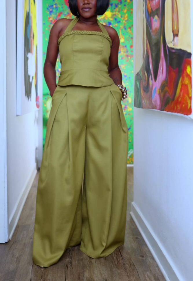 Solid color halter neck two-piece set