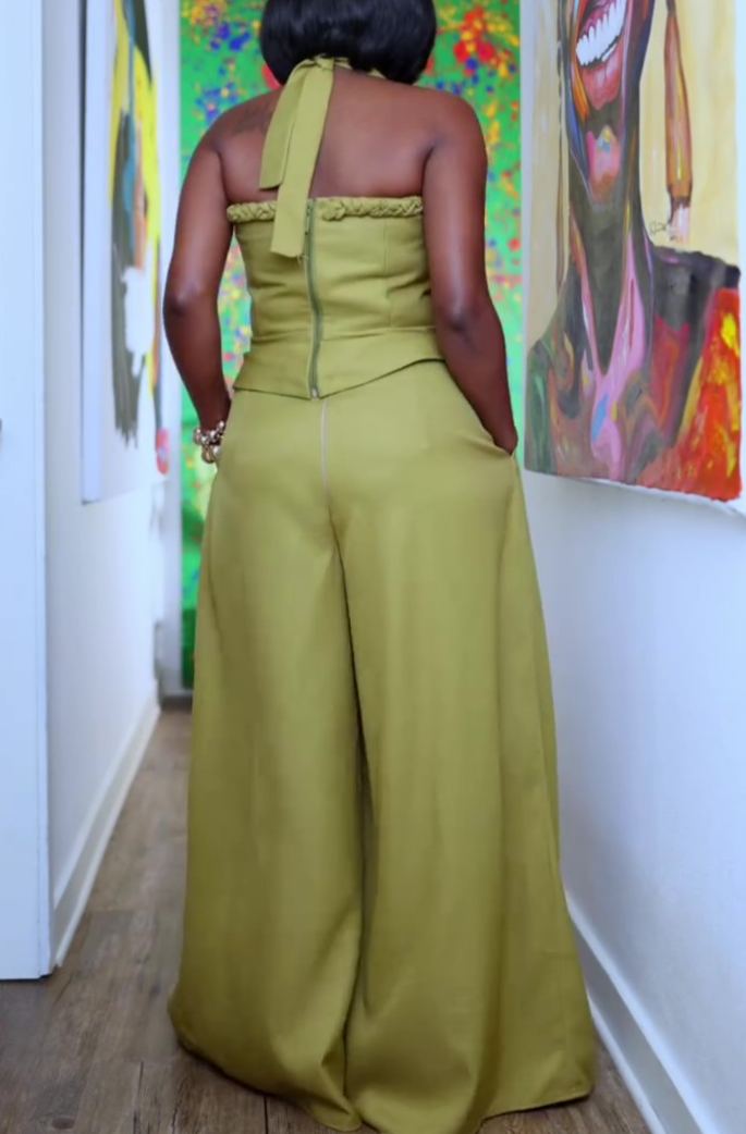 Solid color halter neck two-piece set