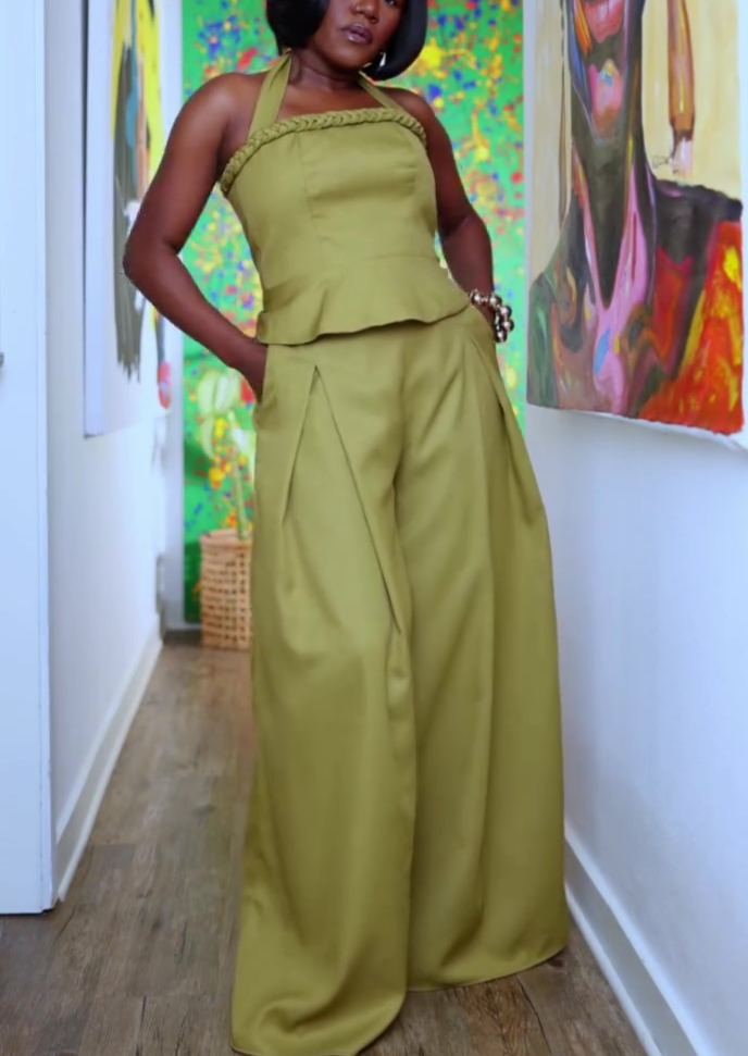 Solid color halter neck two-piece set