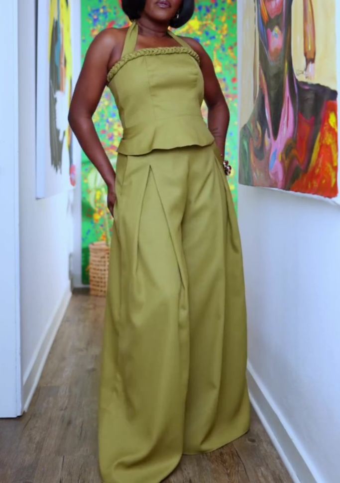 Solid color halter neck two-piece set