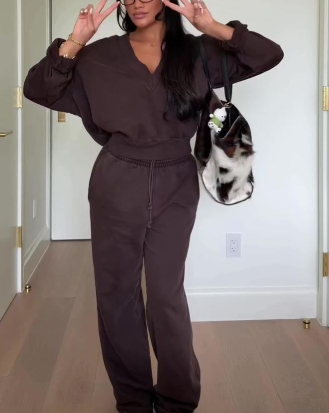 Solid Color V-neck Tracksuit