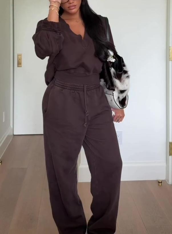 Solid Color V-neck Tracksuit