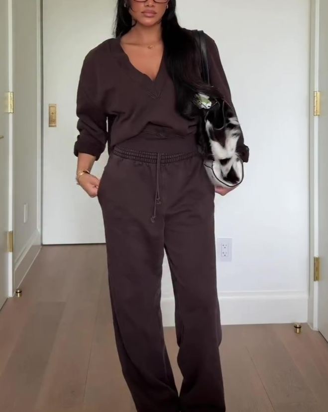 Solid Color V-neck Tracksuit