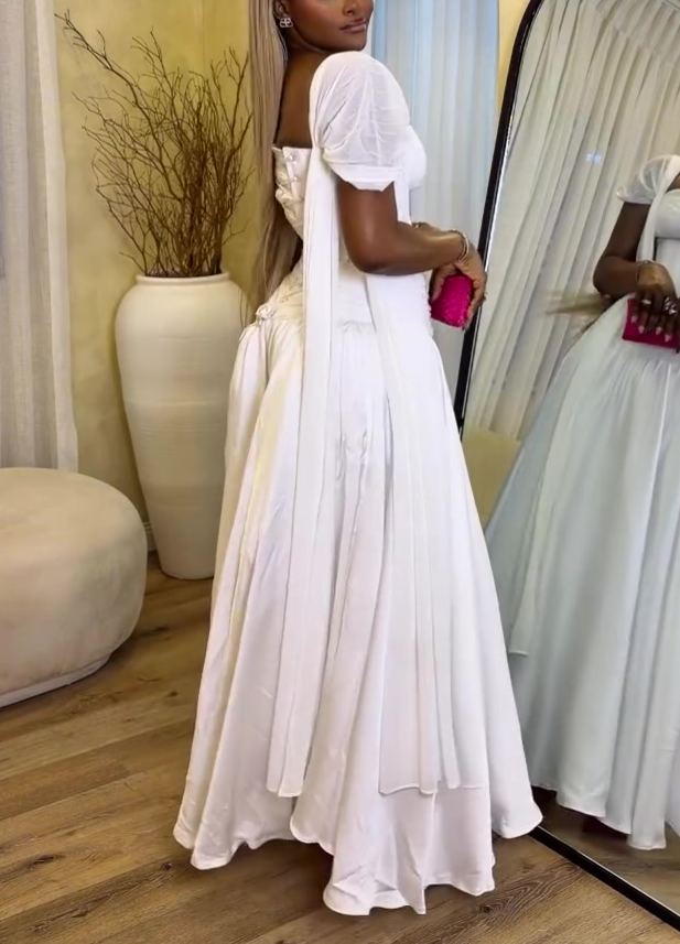 White elegant short-sleeved long dress
