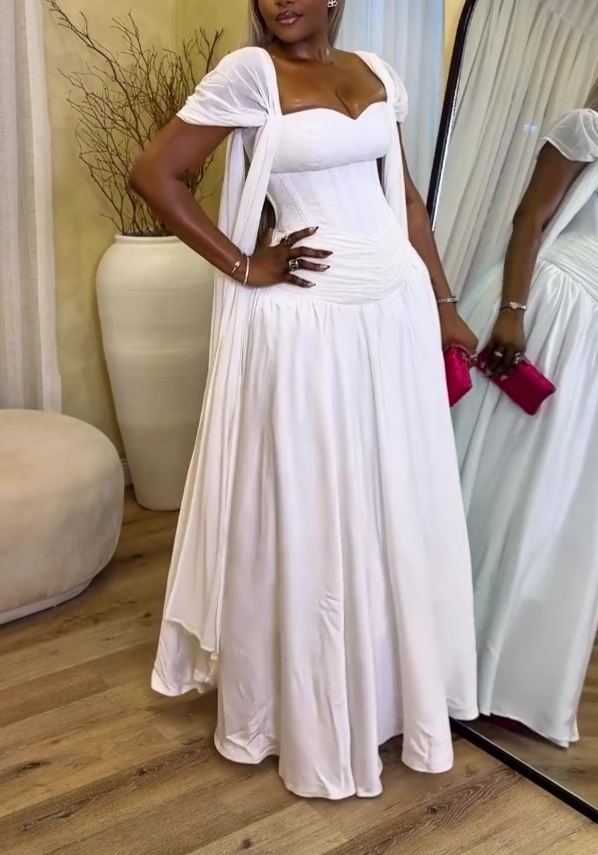 White elegant short-sleeved long dress