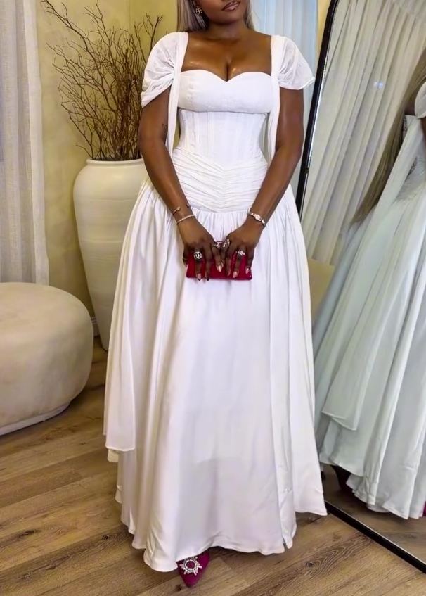 White elegant short-sleeved long dress
