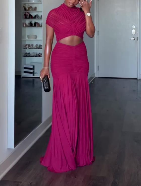 Midriff-baring Mesh Maxi Dress