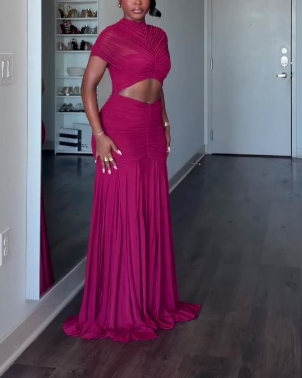 Midriff-baring Mesh Maxi Dress