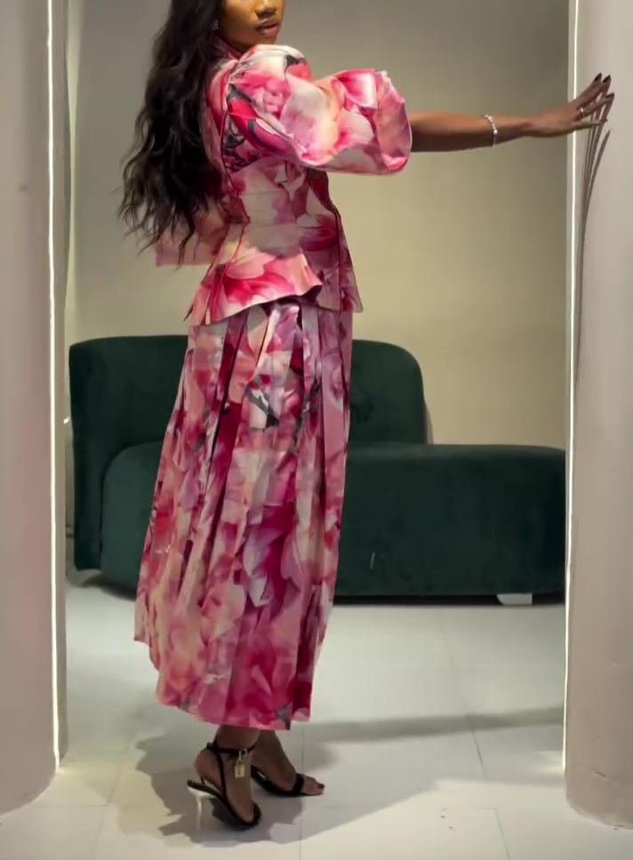 Puff-sleeved Floral Print Dress Set