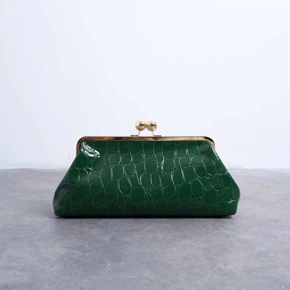 Green Crocodile-print Lock Clutch