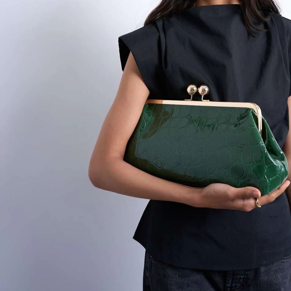 Green Crocodile-print Lock Clutch
