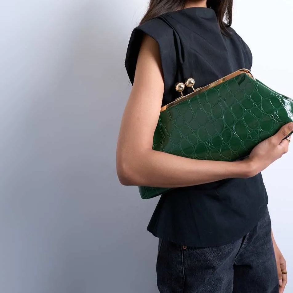 Green Crocodile-print Lock Clutch