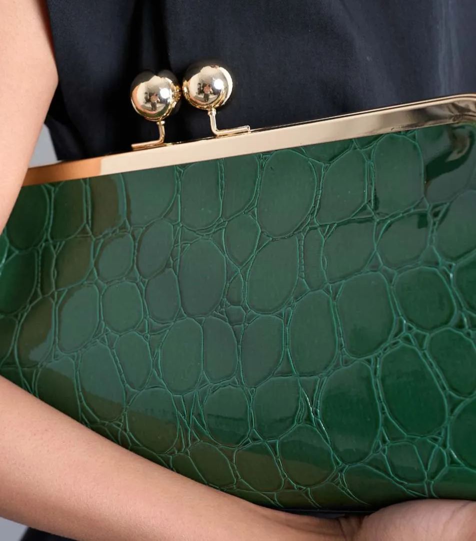 Green Crocodile-print Lock Clutch