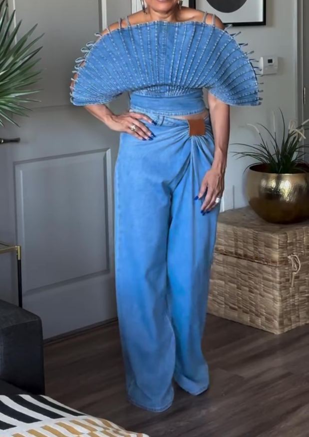 Artistic Denim Off-shoulder Top