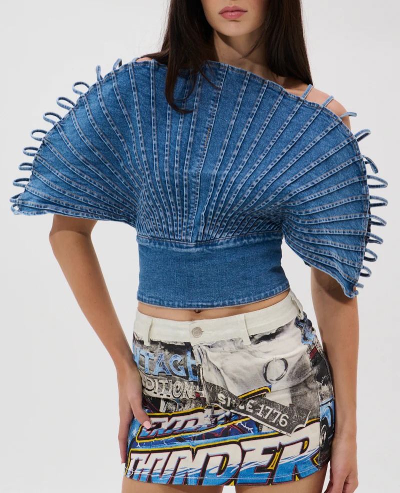 Artistic Denim Off-shoulder Top