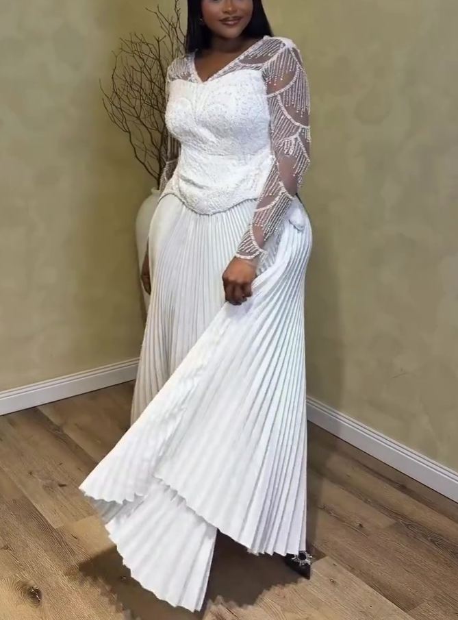 Heavy-duty Rhinestone Pleated Dress Set