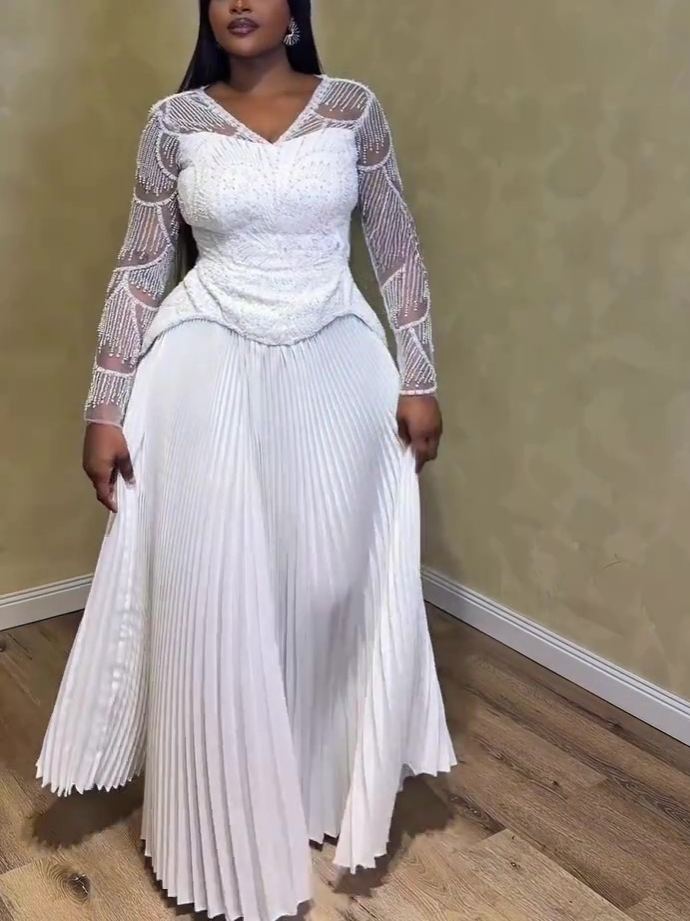 Heavy-duty Rhinestone Pleated Dress Set