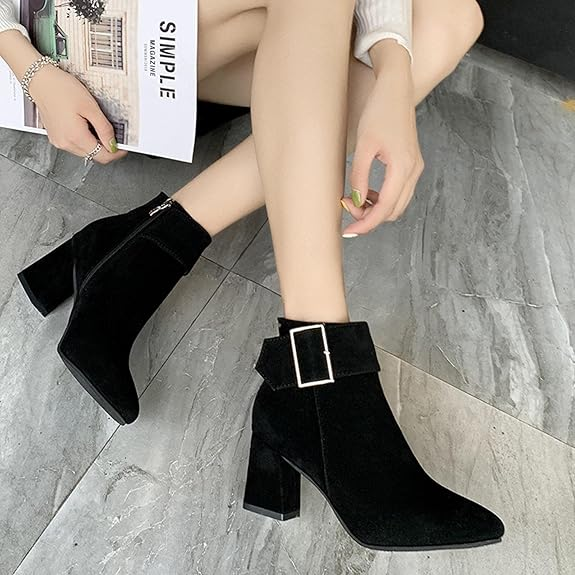 (⏳NOW ON: 70% OFF Sale! 🔥) Fashion Chunky Heel Pointed Boots Office Work Elegant Winter Ankle Boot Comfy Mid Heel Side Zip Faux Suede Booties