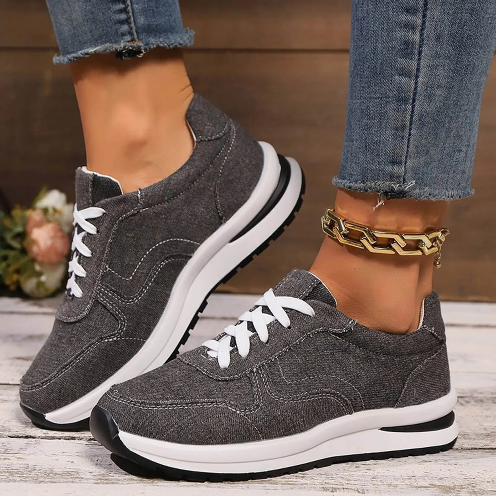 (⏳NOW ON: 70% OFF Sale! 🔥)Tennis Shoes for Women Casual Denim Low Top Fashion Sneakers Platform Walking Canvas Shoes