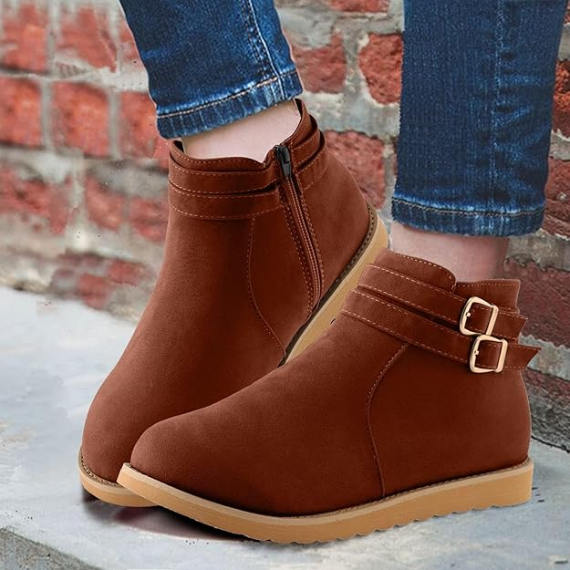 (⏳NOW ON: 70% OFF Sale! 🔥)Women’s Casual Suede Short Boots – Lightweight Flat Round Toe with Thick Sole & Metal Buckle