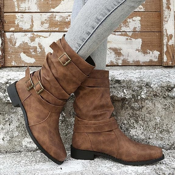 (⏳NOW ON: 70% OFF Sale! 🔥)Fashion Wide Calf Boots Women Leather Square Heels Zipper Round Toe Mid Boots Shoes Outdoor Casual Hiking Boots
