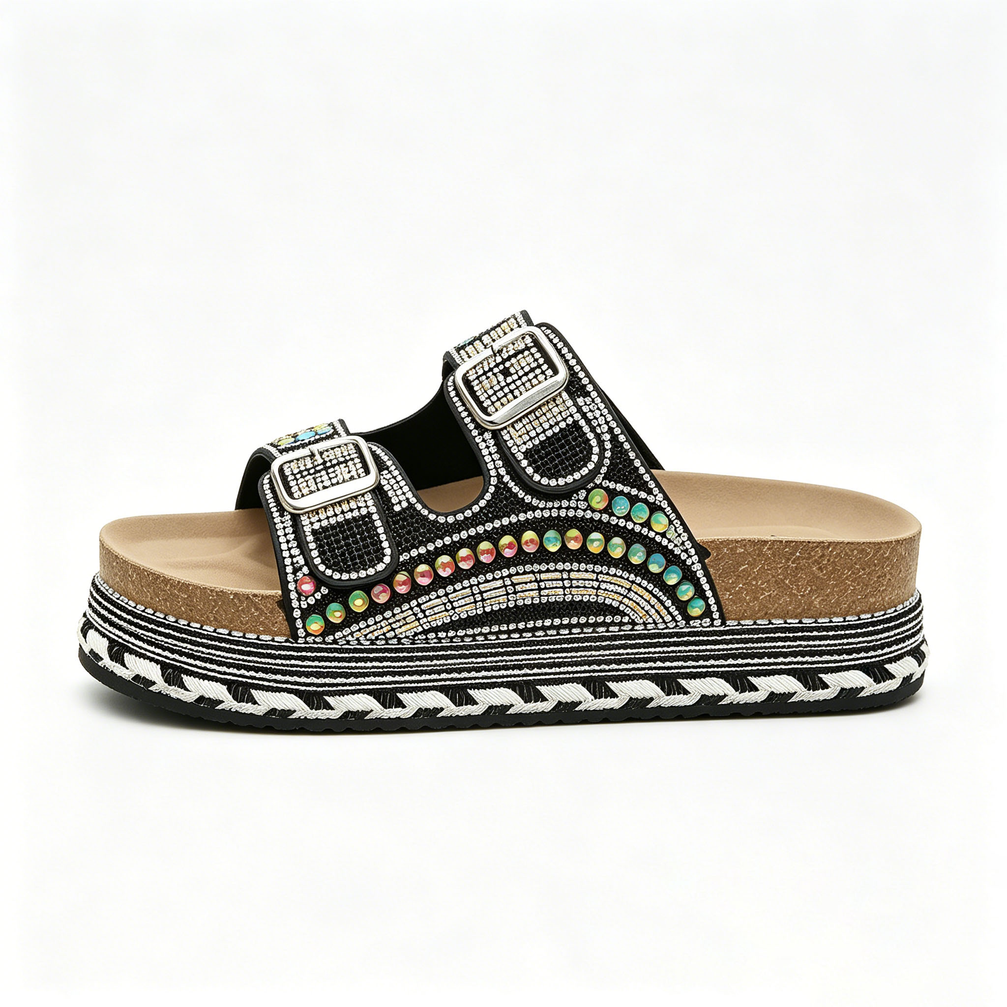 Women's Boho Beaded Rhinestone Platform Slides, Cork Footbed Adjustable Buckle Wedge Sandals