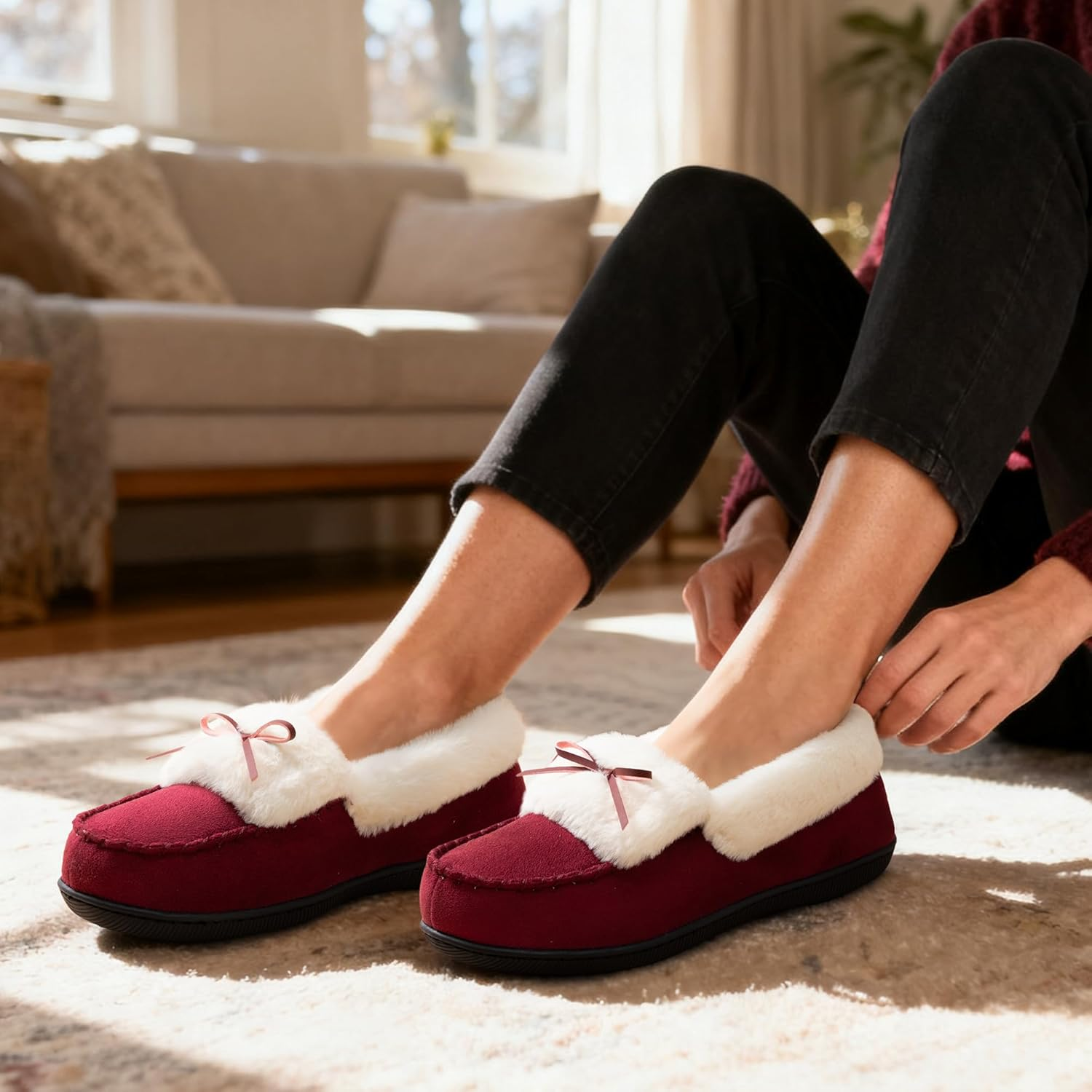 (⏳NOW ON: 70% OFF Sale! 🔥)Autumn Winter Indoor Cozy Fuzzy Slip-On Bow Back Flats for Women