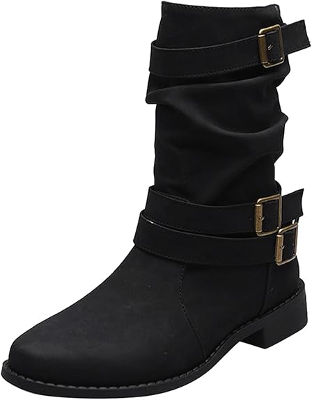 (⏳NOW ON: 70% OFF Sale! 🔥)Fashion Wide Calf Boots Women Leather Square Heels Zipper Round Toe Mid Boots Shoes Outdoor Casual Hiking Boots