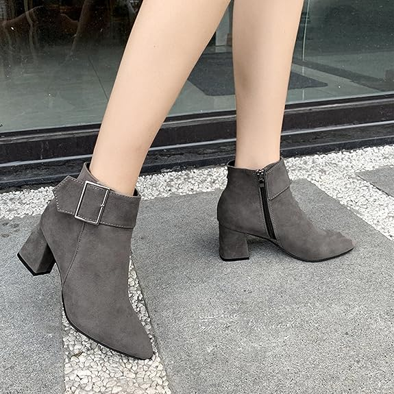 (⏳NOW ON: 70% OFF Sale! 🔥) Fashion Chunky Heel Pointed Boots Office Work Elegant Winter Ankle Boot Comfy Mid Heel Side Zip Faux Suede Booties
