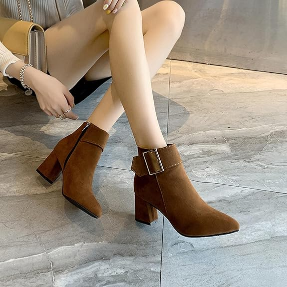 (⏳NOW ON: 70% OFF Sale! 🔥) Fashion Chunky Heel Pointed Boots Office Work Elegant Winter Ankle Boot Comfy Mid Heel Side Zip Faux Suede Booties