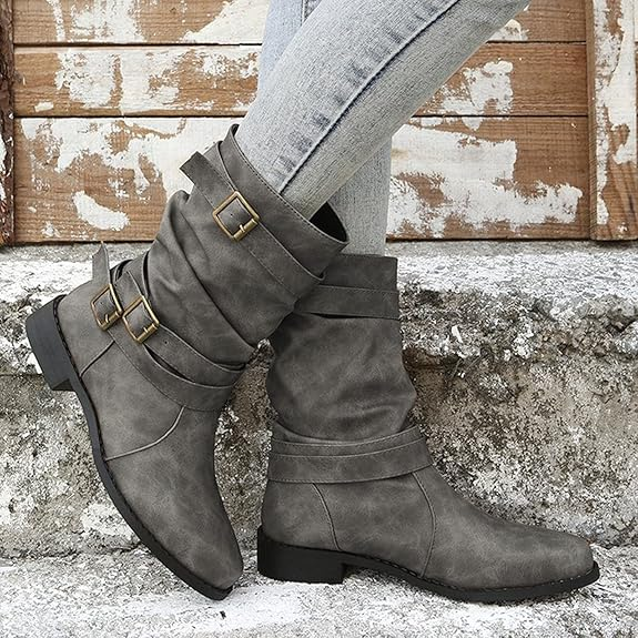 (⏳NOW ON: 70% OFF Sale! 🔥)Fashion Wide Calf Boots Women Leather Square Heels Zipper Round Toe Mid Boots Shoes Outdoor Casual Hiking Boots