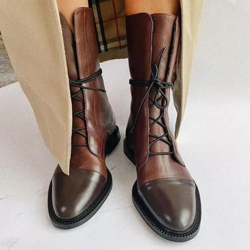 (⏳NOW ON: 70% OFF Sale! 🔥)Women’s Tall Lace-Up Fall Boots – Mixed Texture Cap-Toe Short Boots