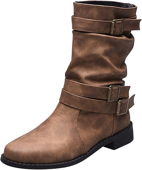(⏳NOW ON: 70% OFF Sale! 🔥)Fashion Wide Calf Boots Women Leather Square Heels Zipper Round Toe Mid Boots Shoes Outdoor Casual Hiking Boots