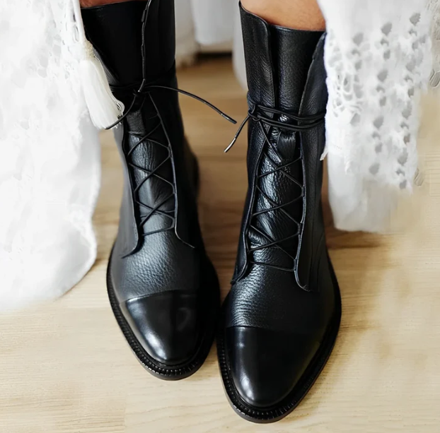 (⏳NOW ON: 70% OFF Sale! 🔥)Women’s Tall Lace-Up Fall Boots – Mixed Texture Cap-Toe Short Boots