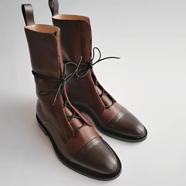 (⏳NOW ON: 70% OFF Sale! 🔥)Women’s Tall Lace-Up Fall Boots – Mixed Texture Cap-Toe Short Boots