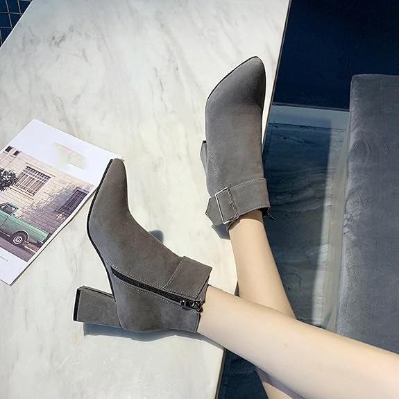 (⏳NOW ON: 70% OFF Sale! 🔥) Fashion Chunky Heel Pointed Boots Office Work Elegant Winter Ankle Boot Comfy Mid Heel Side Zip Faux Suede Booties