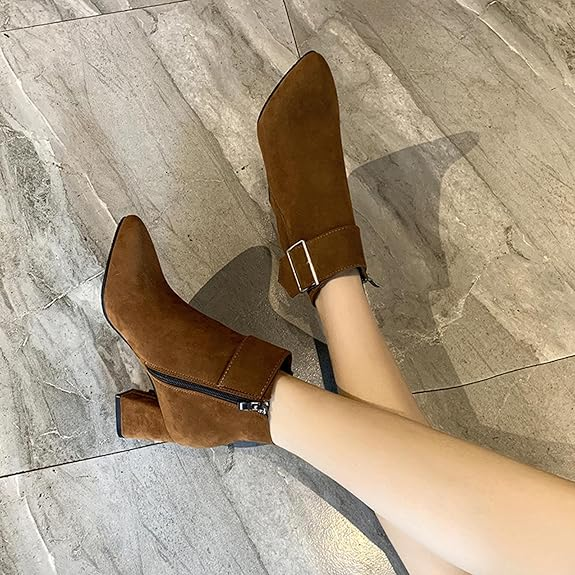 (⏳NOW ON: 70% OFF Sale! 🔥) Fashion Chunky Heel Pointed Boots Office Work Elegant Winter Ankle Boot Comfy Mid Heel Side Zip Faux Suede Booties