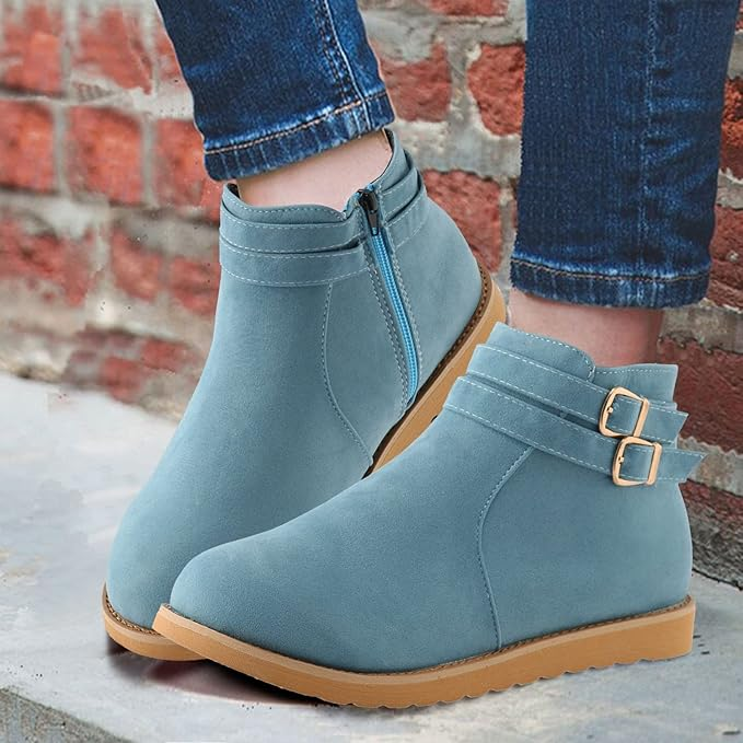 (⏳NOW ON: 70% OFF Sale! 🔥)Women’s Casual Suede Short Boots – Lightweight Flat Round Toe with Thick Sole & Metal Buckle