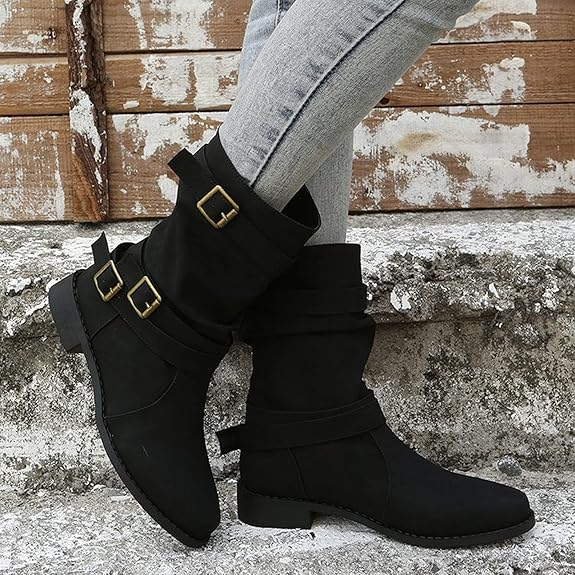 (⏳NOW ON: 70% OFF Sale! 🔥)Fashion Wide Calf Boots Women Leather Square Heels Zipper Round Toe Mid Boots Shoes Outdoor Casual Hiking Boots