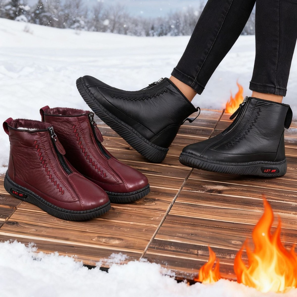 (⏳NOW ON: 50% OFF Sale! 🔥)Women's Winter Snow Boots, Warm Fur-Lined Soft Bottom Booties with Front Zipper & Non-Slip Sole