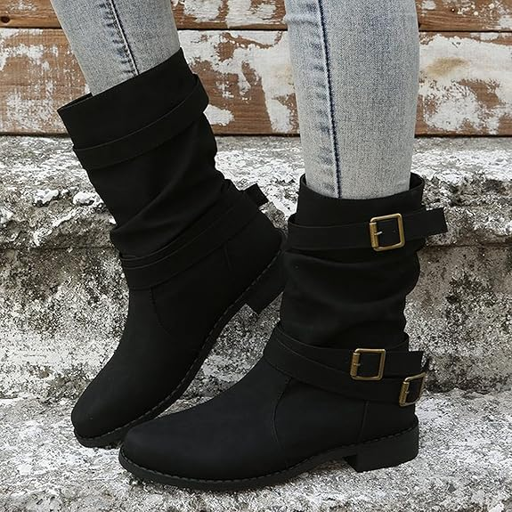 (⏳NOW ON: 70% OFF Sale! 🔥)Fashion Wide Calf Boots Women Leather Square Heels Zipper Round Toe Mid Boots Shoes Outdoor Casual Hiking Boots