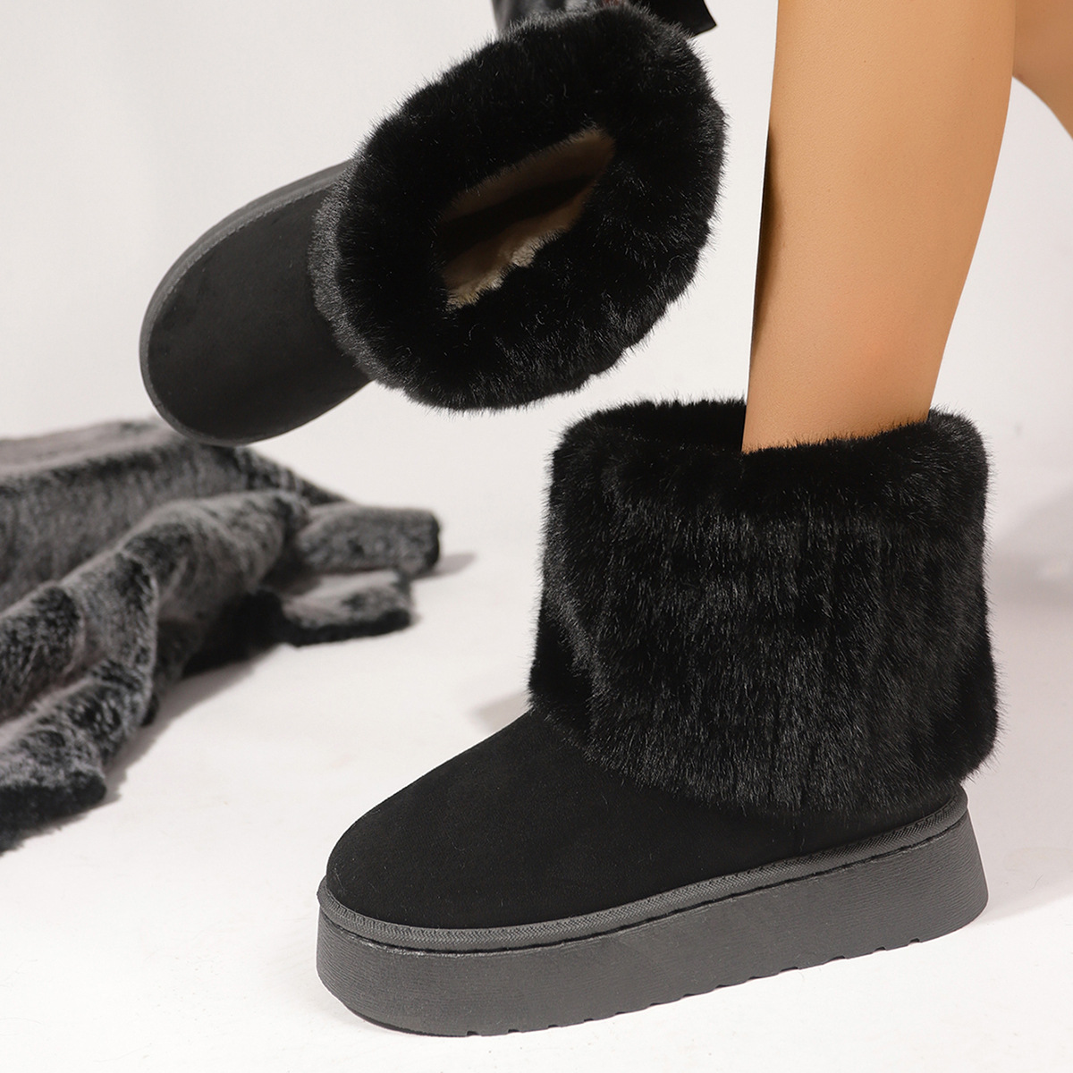 (⏳NOW ON: 70% OFF Sale! 🔥)Women’s Faux Suede Thick Sole Fuzzy Winter Snow Boots Round Toe Casual Warm Shoes