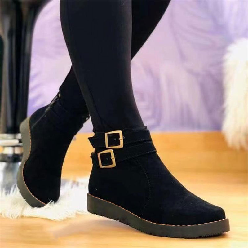 (⏳NOW ON: 70% OFF Sale! 🔥)Women’s Casual Suede Short Boots – Lightweight Flat Round Toe with Thick Sole & Metal Buckle