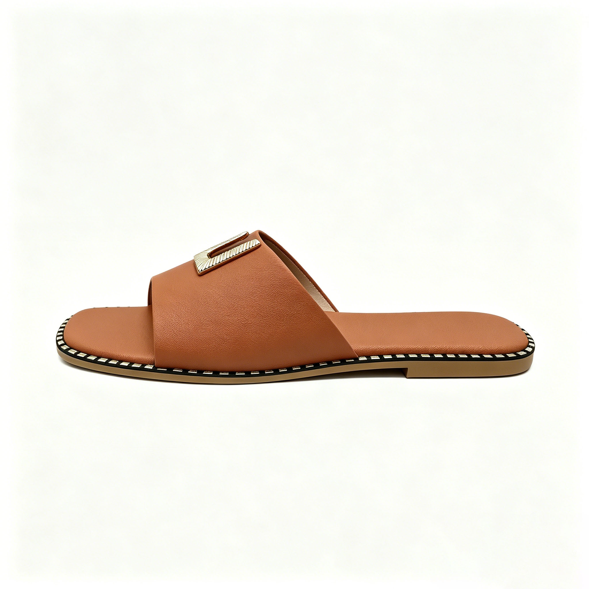 Womens Casual Flat Slide Sandals, Fashion Metal Ornament Soft Comfort Walking Sandals For Beach Shopping Vacation Daily Wear
